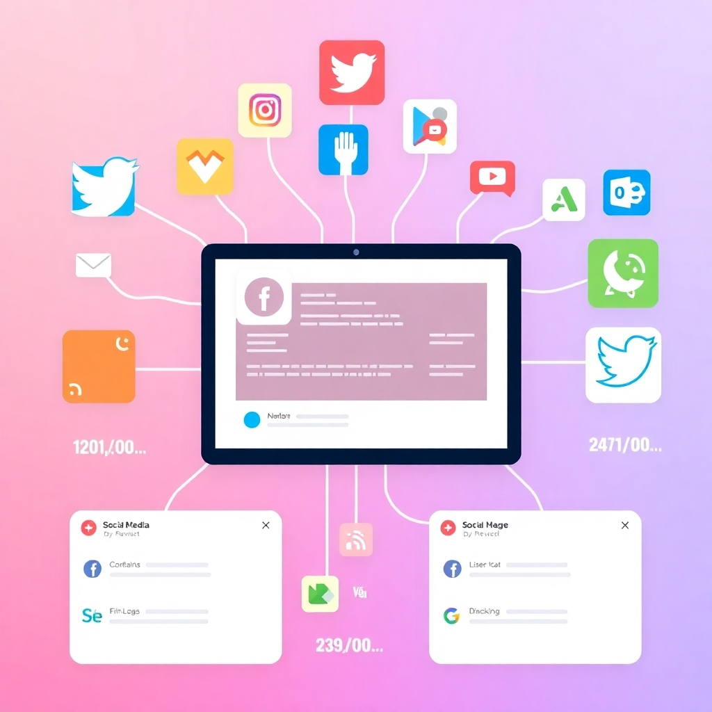 An image illustrating a diverse range of social media platforms and their integration with a central website. Use vibrant, consistent branding elements, and maintain a clean, visually appealing layout. Show different metrics that reflect social media engagement, such as likes, shares, and comments.