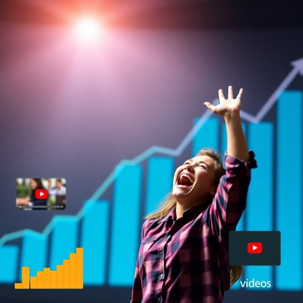 An image showcasing a rising graph with a happy person celebrating in the foreground, combined with visual elements representing different income streams from videos.