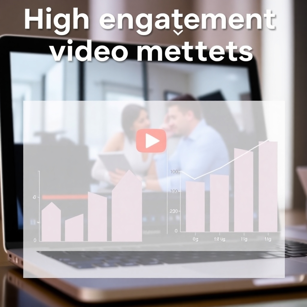 An image showing high-engagement video metrics and analytics overlaid on a video playing on a laptop screen, suggesting high user interaction and successful video strategy.