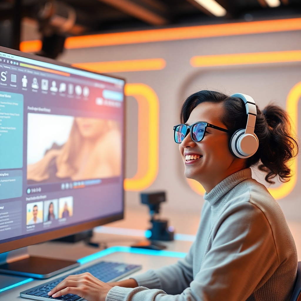 Image depicting a futuristic interface with AI-powered video creation tools and a happy customer smiling at the finished product. The style is photorealistic, emphasizing the ease and speed of using the AI tools.
