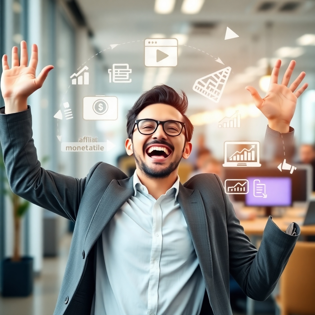 Image of a person happily celebrating a financial achievement with an overlay of a visual representation of various monetization methods, such as ads, affiliate marketing, and online sales. The image should reflect a modern business environment, showing financial success and positive results of video monetization.