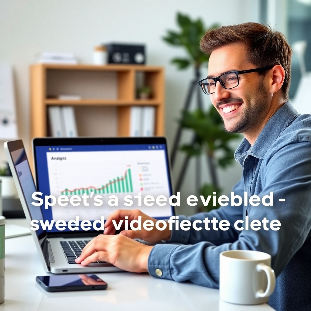Photorealistic image of a person smiling confidently while looking at a laptop screen displaying positive analytics. The laptop is set in a modern and organized workspace, with relevant props like a smartphone and coffee mug for context. The image evokes a feeling of success and achievement, emphasizing the speed and efficiency of the video creation process.