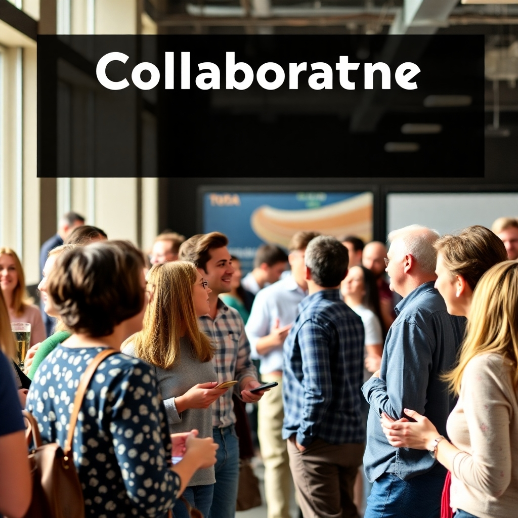 Photorealistic image of people networking and collaborating at a friendly, vibrant community event, emphasizing the importance of collaboration and support.