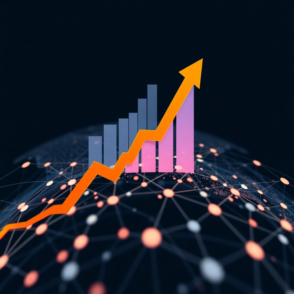 Stylized image showcasing upward-trending graphs and charts superimposed onto a dynamic visualization of a global network. The style should be sleek and modern, using a color palette that conveys growth and expansion, with the main focus on visual representation of increasing traffic.