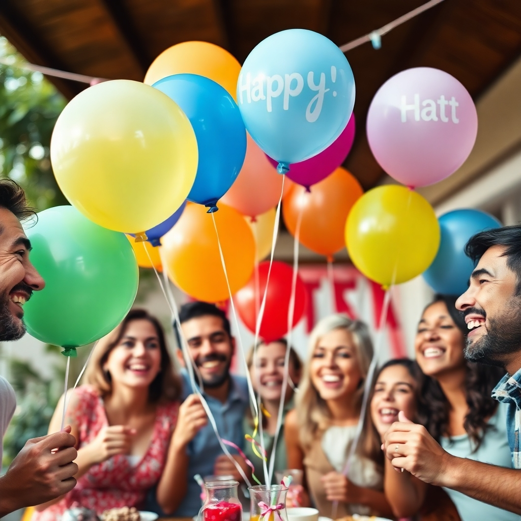 A 4K high-quality image depicting a cheerful group of friends and family celebrating at a party, with helium balloons as a central element of the decoration. The setting should be warm and inviting, possibly a backyard garden or a decorated indoor space. The composition should focus on the interaction between the people and the balloons, capturing moments of laughter and joy. The lighting should be natural and soft, enhancing the festive atmosphere. The balloons should be of various colors and sizes, adding visual interest to the scene. Consider incorporating elements like streamers, confetti, and party favors to create a sense of celebration. The camera angle should be slightly low, capturing the expressions of the people and the upward movement of the balloons. The overall style should be realistic but with a touch of whimsy, reflecting the fun and celebratory nature of parties. The balloons should be in focus and sharp, while the background should be slightly blurred to make the balloons stand out. The image should convey the essence of joy, togetherness, and celebration, with the balloons symbolizing happiness and festivity.