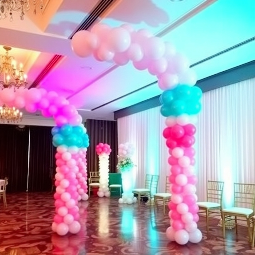 A beautifully decorated event space with elaborate balloon arches and pillars, creating a festive and elegant atmosphere.