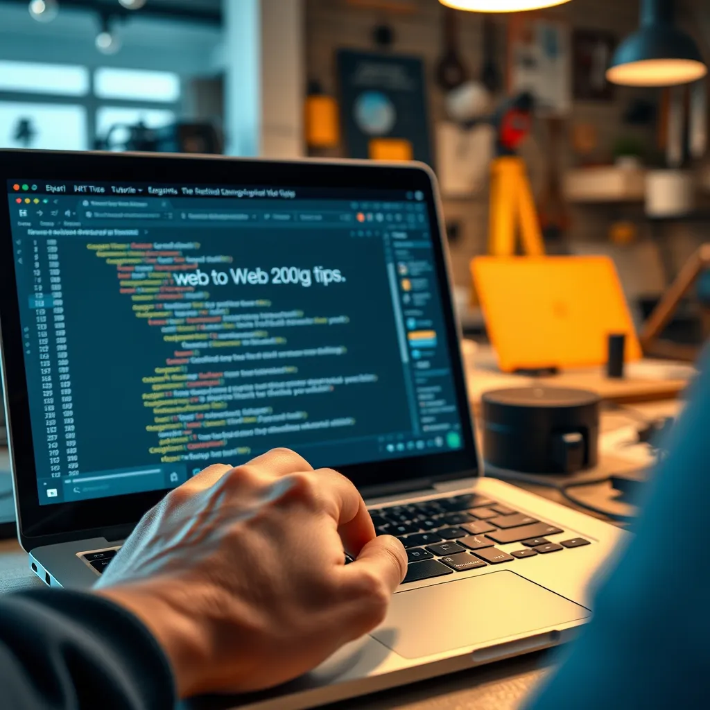 A close-up of a hand typing on a laptop, with a browser window open showing a video tutorial about web design. The screen is filled with code, design elements, and helpful tips. The background is a blurred image of a modern workspace with tools and technology.