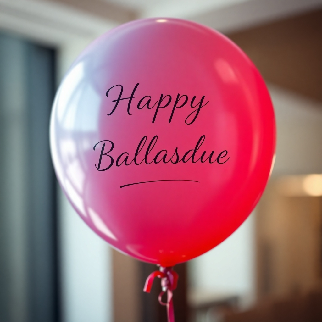 A close-up, photorealistic shot of a helium balloon with a personalized message written on it. The balloon is a vibrant color, possibly red or blue, and the message is written in elegant calligraphy. The background is blurred to focus attention on the balloon and the message. The lighting is soft and diffused, highlighting the details of the balloon and the text. The camera angle is slightly angled, capturing the balloon from a dynamic perspective. The composition is simple but effective, emphasizing the personal touch of the balloon. The style is modern and sophisticated, with a focus on clarity and detail. Add subtle details like a slight sheen on the balloon surface to enhance the realism. The overall image should convey the idea of personalization and thoughtfulness.
