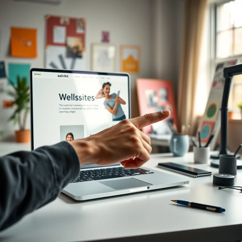 A close-up shot of a designer's hand pointing at a laptop screen displaying a website with a minimalist design, showcasing a clean layout, bold typography, and a vibrant color palette. The background should be a modern office space with natural light and a desk filled with design tools and inspiration boards.