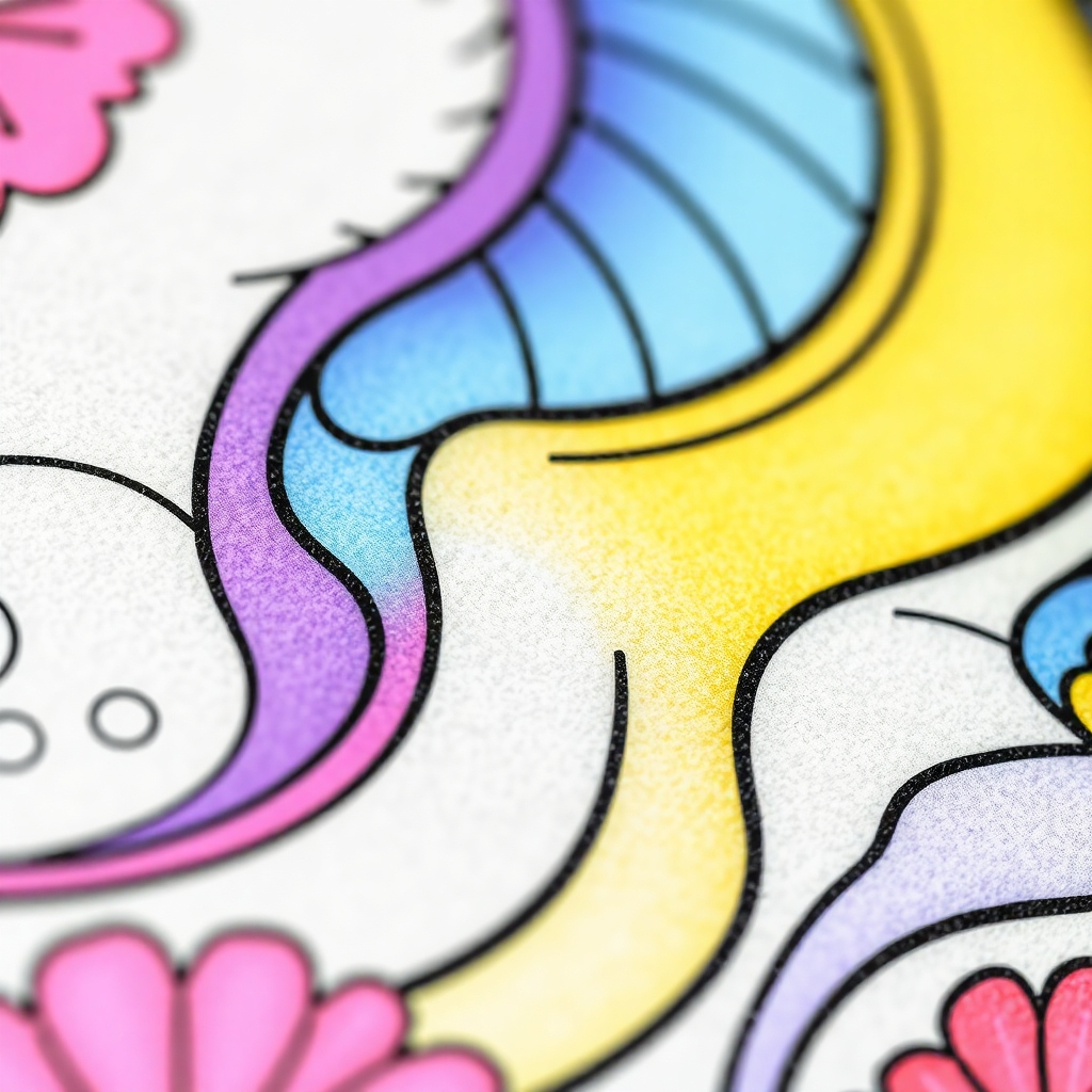 A close-up shot of a high-quality coloring book page, showcasing the texture of the paper and the vibrancy of the colors. The image should highlight the premium quality of the materials used in Michiel Petersen's coloring books. The lighting should be crisp and clear, emphasizing the details. 8K resolution, macro photography.