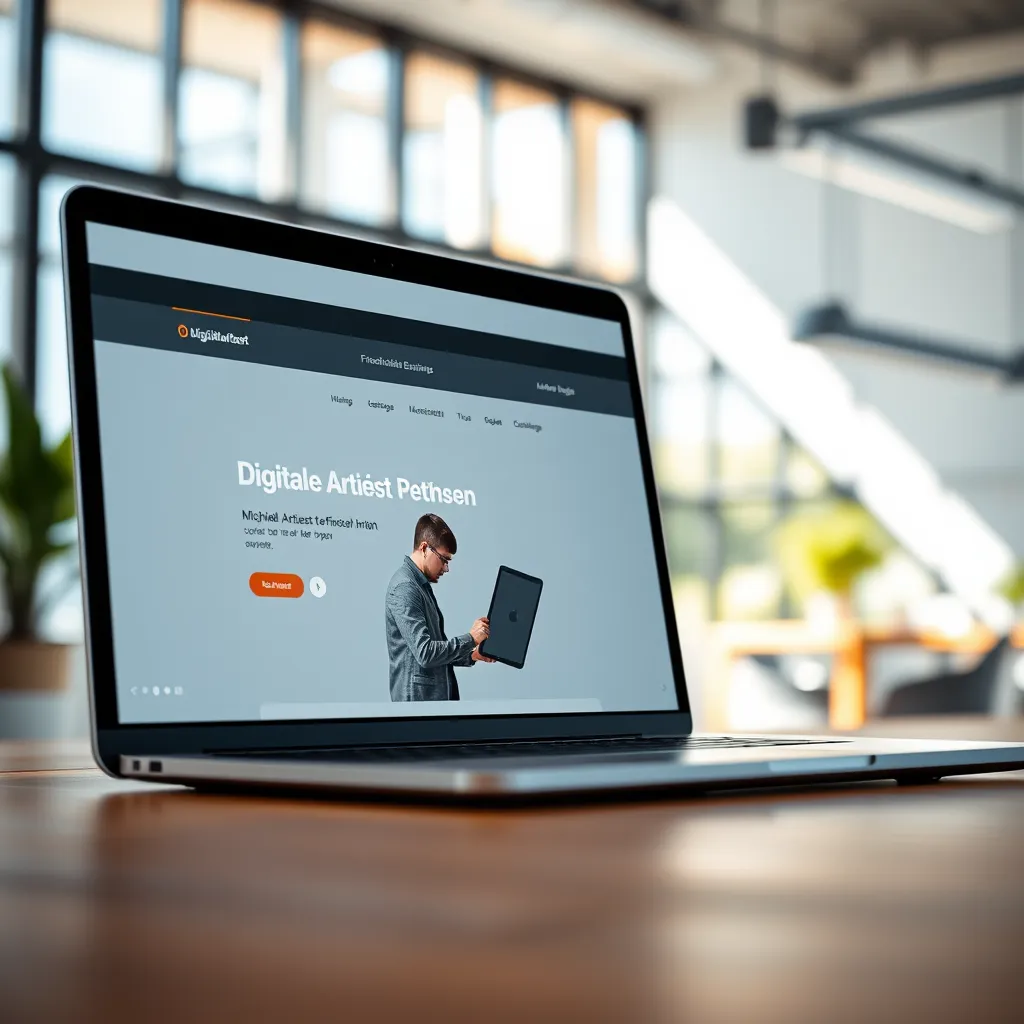 A close-up shot of a laptop screen displaying a modern, minimalist web design for a fictional business called 'Digitale Artiest Michiel Petersen'. The website features a clean layout with a high-quality image of a digital artist working on a tablet. The color scheme is calming and sophisticated, using shades of blue, grey, and white. The background is a blurred image of a modern office space with natural light streaming in through large windows. The image is shot in a natural, soft light with a shallow depth of field, focusing on the laptop screen. The overall style is sleek and professional, evoking a sense of trust and expertise.  The resolution is 8K, with hyperrealistic detail and a vibrant, lifelike quality. The image is rendered in a photorealistic style, with a high level of realism and detail.