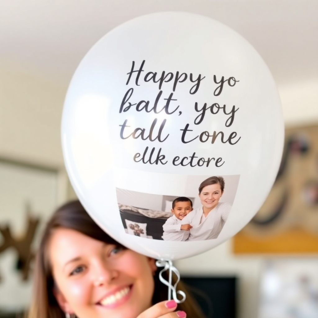 A close-up shot of a personalized helium balloon with a custom message and photo printed on it, held by a smiling person.