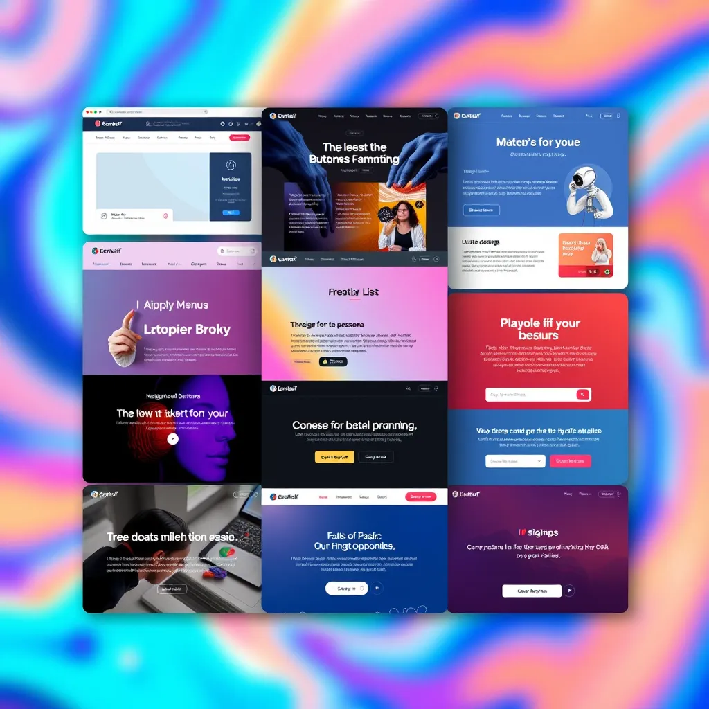 A collage of different website elements, each showcasing a unique design style. Elements should include navigation menus, typography examples, illustrations, and interactive buttons. The background should be a blurry abstract background with vibrant colors.