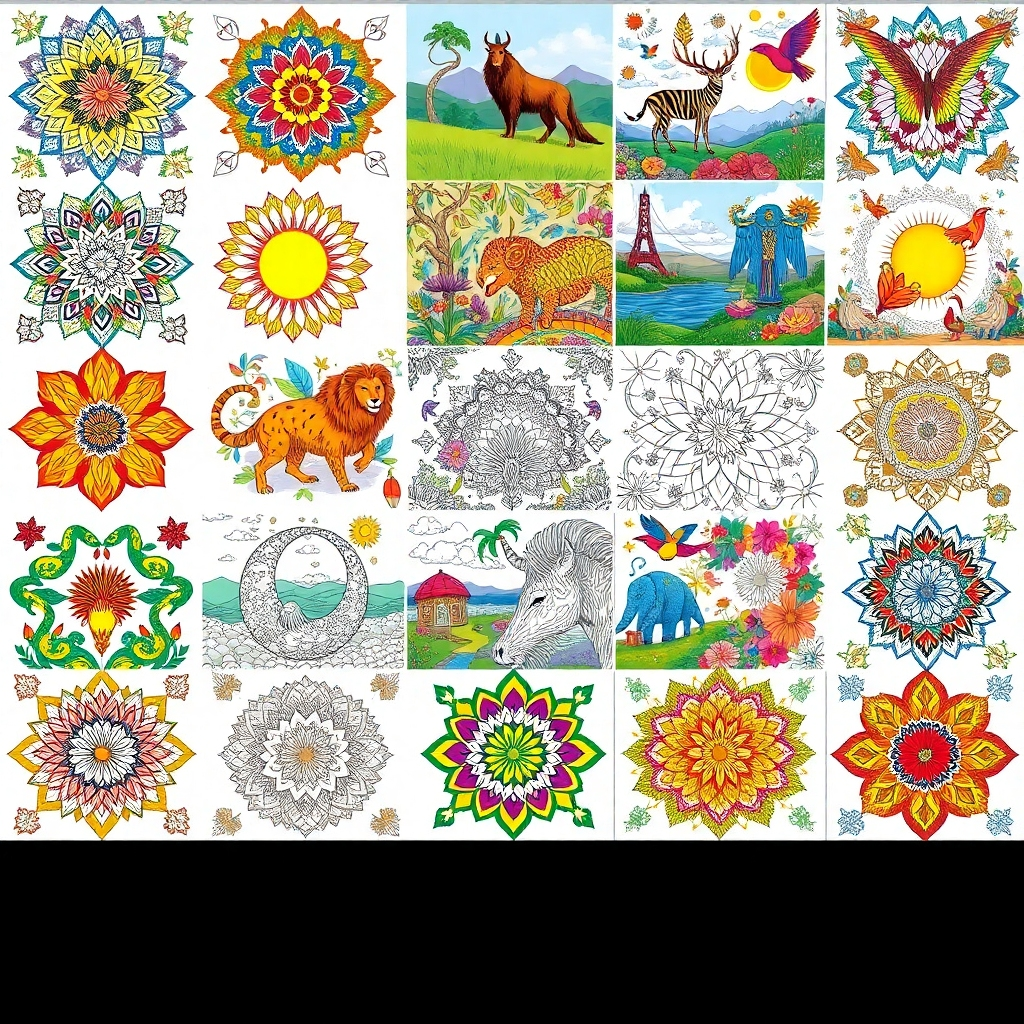 A collage showcasing various coloring book designs: mandalas, animals, landscapes, and abstract patterns. The designs should be diverse and visually appealing, representing the breadth of Michiel Petersen's collection. The image should be bright and colorful, with a focus on intricate details. 8K resolution, photorealistic rendering of each design.