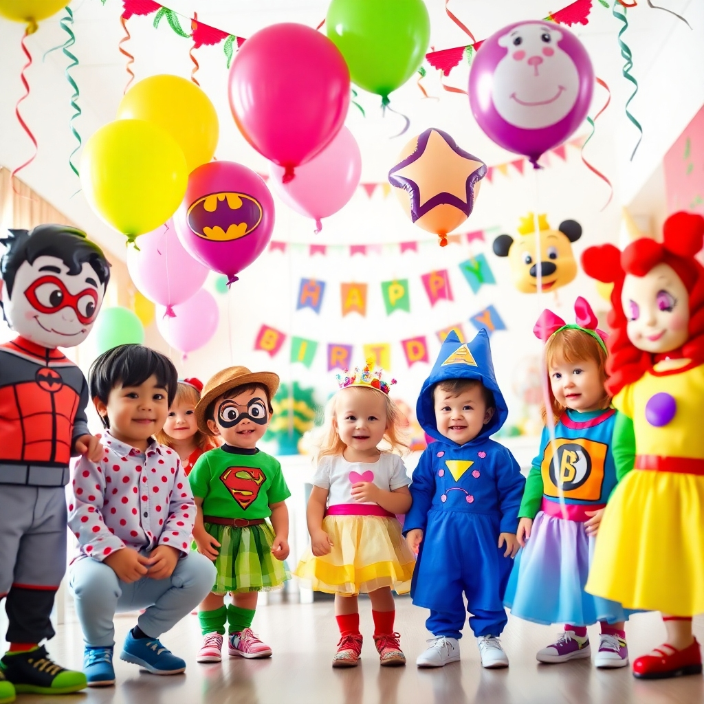 A colorful and whimsical image depicting a children's themed party, with helium balloons playing a central role in the decorations. The party is set in a bright and cheerful indoor space, decorated with streamers, banners, and other festive elements. The balloons are of various shapes and sizes, representing different themes such as superheroes, princesses, animals, and cartoon characters. The children are dressed in costumes, adding to the overall sense of fun and excitement. The lighting is soft and diffused, creating a warm and inviting atmosphere. The camera angle is slightly low, capturing the expressions of the children and the vibrant decorations. The style is playful and imaginative, with a focus on creating a sense of wonder and delight. The composition is carefully arranged to showcase the different themes and the joy of the children. The overall image should convey the idea of a fun and memorable themed party.