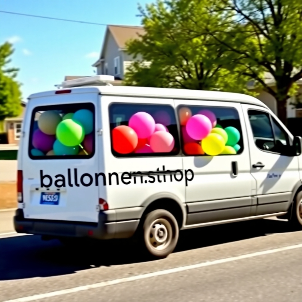 A delivery van with the Ballonnen.shop logo on the side, driving through a sunny suburban street, filled with colorful helium balloons visible through the windows.