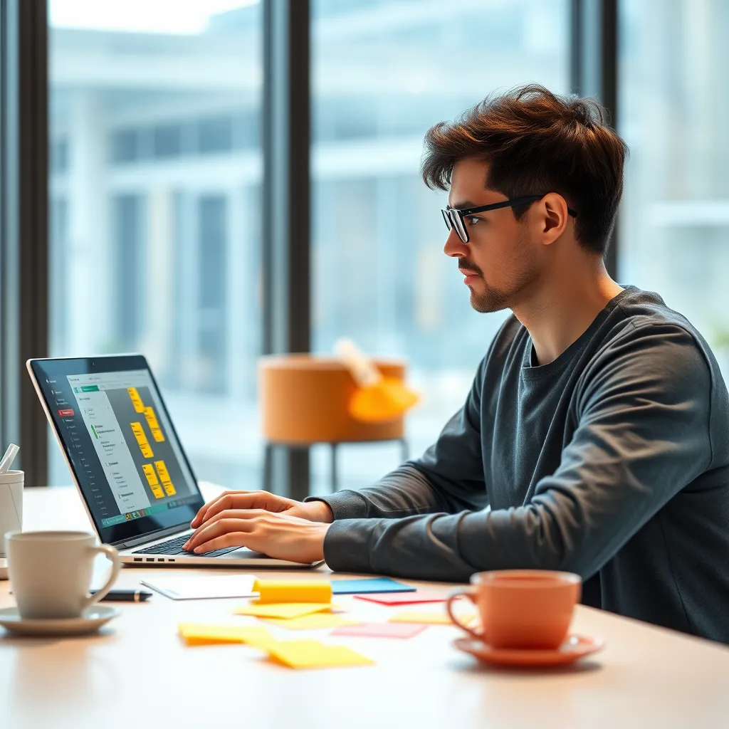 A designer sitting at a desk, using a laptop with Figma open, surrounded by colorful post-it notes and a coffee cup. The background is a modern office with large windows and natural light. The image should have a bright and energetic feel, highlighting the speed and ease of prototyping.