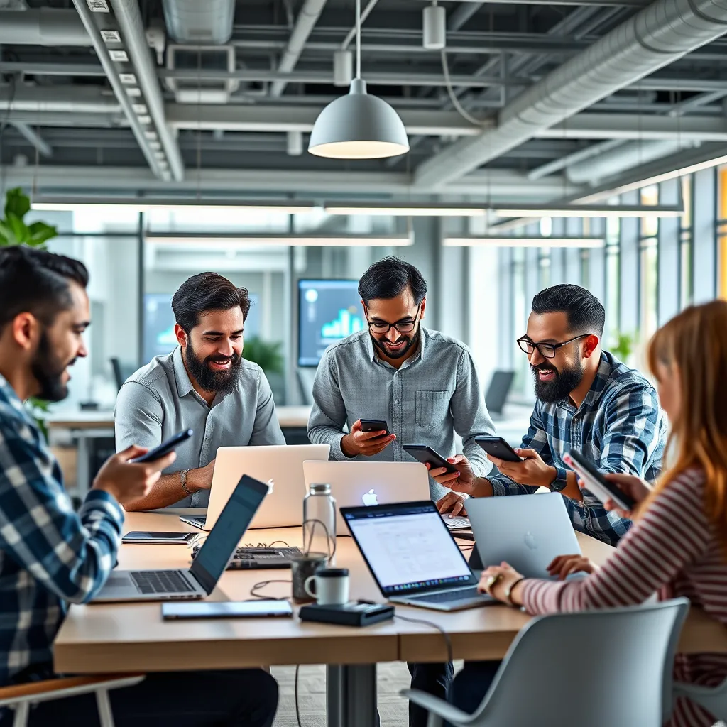 A group of diverse web designers collaborating on a project in a bright and modern co-working space. They are using laptops, tablets, and smartphones to share ideas, discuss designs, and work together effectively. The atmosphere is friendly and professional.