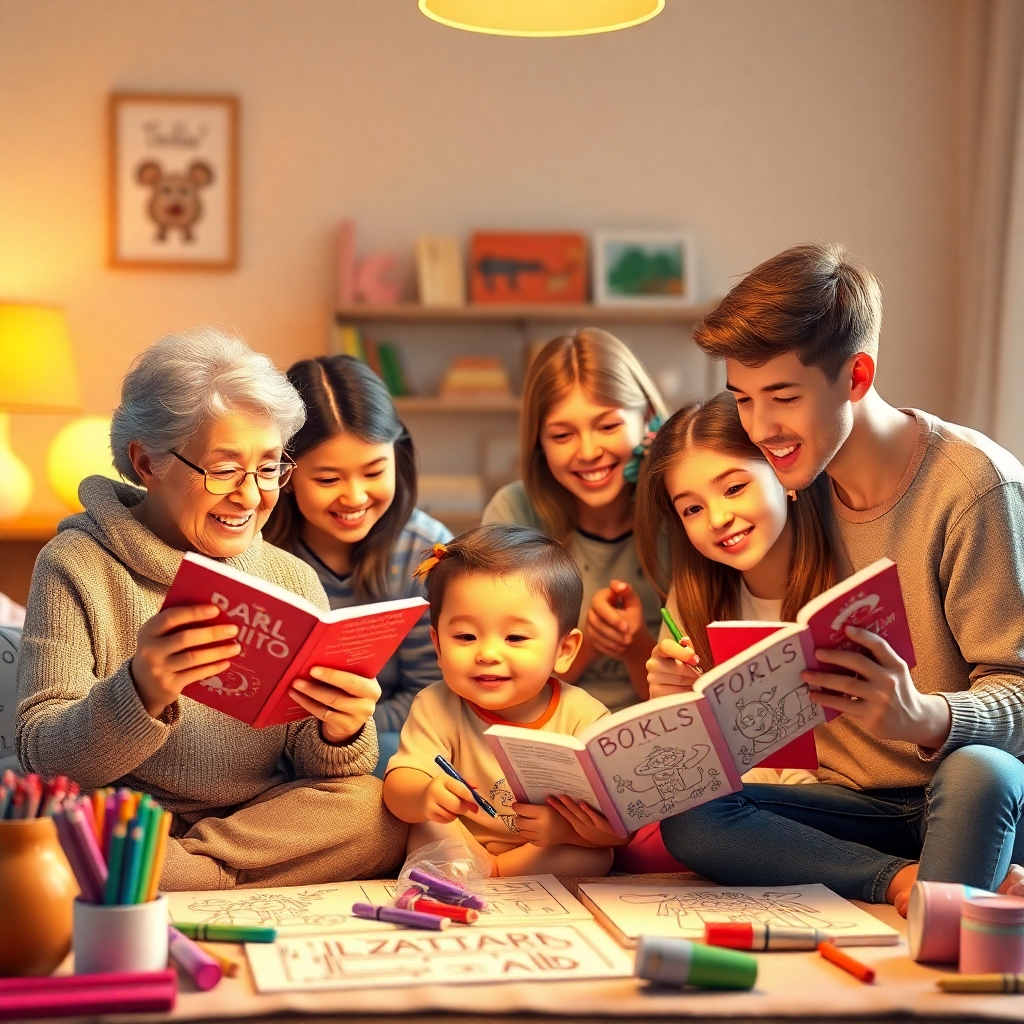 A heartwarming image depicting people of all ages enjoying coloring books together: a child with their grandparent, a group of teenagers, and a young adult. The scene should convey a sense of community and shared enjoyment. The lighting should be warm and inviting, creating a cozy atmosphere. 8K resolution, photorealistic rendering.