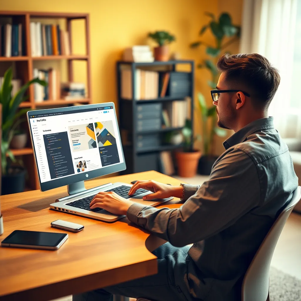 A mid-range shot of a developer sitting at a desk with a laptop open, showcasing a WordPress dashboard with a website in development. The website is a clean and modern portfolio site with a sleek design and interactive elements. The developer is focused on the screen, typing code with a thoughtful expression. The room is well-lit with a soft, warm glow, creating a comfortable and inspiring atmosphere.  The image has a shallow depth of field, emphasizing the developer and the laptop screen. The color palette is warm and inviting, with hues of yellow, orange, and brown. The background features a bookshelf with various books and plants, adding a touch of personality and professionalism. The image is rendered in a photorealistic style, with a high level of detail and realism, emphasizing the precision and technical aspects of web development. The resolution is 8K, with ultra-detailed textures and reflections.