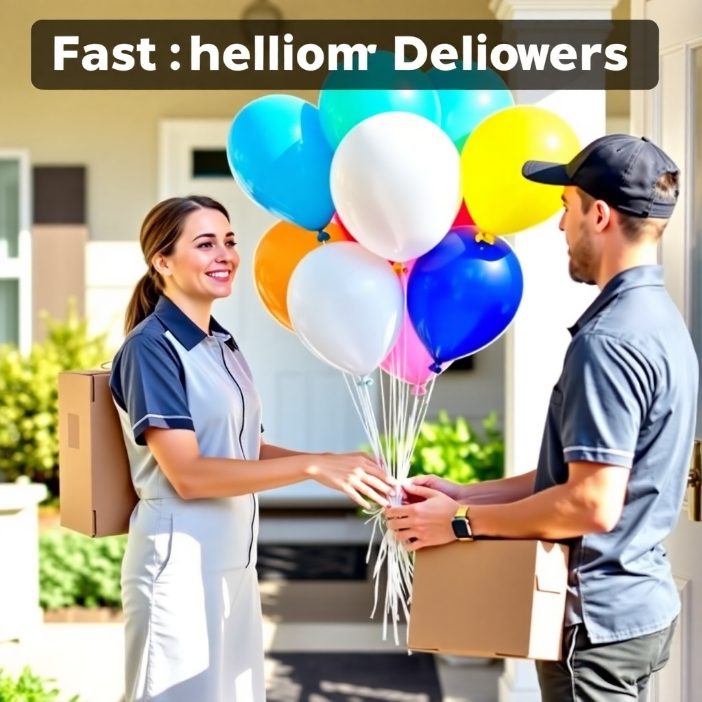 A photorealistic image depicting a delivery person handing a bouquet of helium balloons to a smiling customer at their doorstep. The scene is set on a sunny day, with a well-maintained house and garden in the background. The delivery person is wearing a professional uniform and is holding the balloons carefully. The customer is smiling and appears happy to receive the delivery. The balloons are a mix of different colors and shapes, adding to the overall sense of joy and celebration. The lighting is natural and bright, highlighting the details of the scene. The camera angle is slightly angled, capturing the interaction between the delivery person and the customer. The style is clean and modern, emphasizing the convenience and reliability of the delivery service. The overall image should convey the idea of fast and easy delivery of helium balloons.