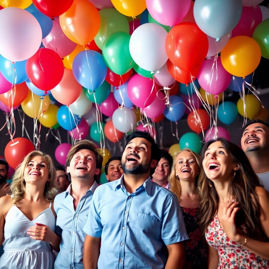 A photorealistic image depicting a group of surprised and delighted guests at a party, as a large release of helium balloons fills the air. The guests are looking up at the balloons with expressions of joy and excitement. The balloons are of various colors and shapes, creating a visually stunning display. The lighting is soft and diffused, highlighting the reactions of the guests and the vibrant colors of the balloons. The camera angle is slightly low, capturing the upward movement of the balloons and the expressions of the guests. The style is candid and natural, emphasizing the surprise and delight of the moment. Add subtle details like streamers or confetti falling from the balloons to enhance the festive atmosphere. The overall image should convey the idea of creating a memorable and surprising party experience.