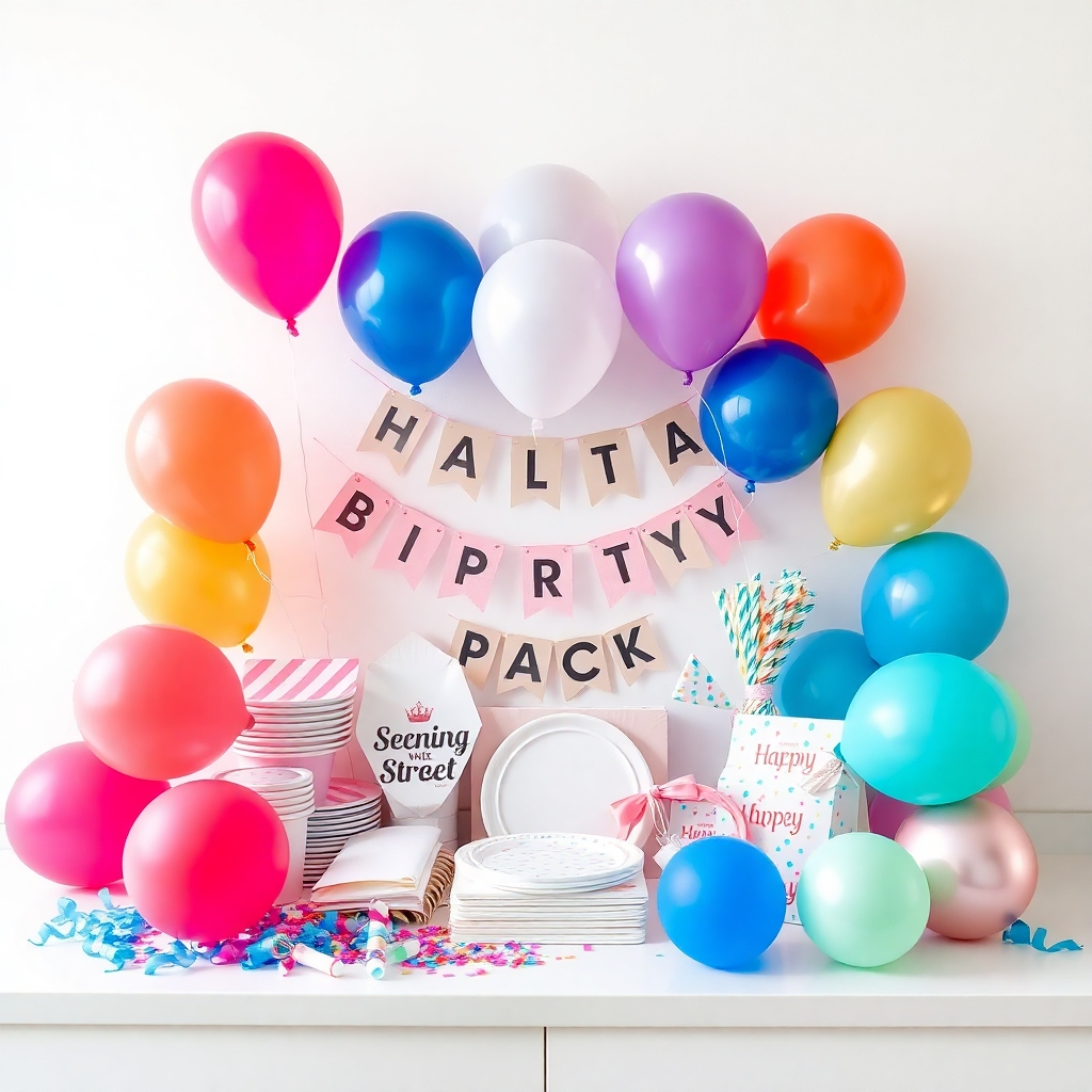 A photorealistic image of a beautifully arranged party pack, showcasing a variety of party supplies including helium balloons, streamers, confetti, banners, and tableware. The pack is neatly organized and presented on a clean surface, possibly a table or countertop. The balloons are a mix of different colors and shapes, adding to the overall sense of festivity. The lighting is soft and even, highlighting the details of the products. The camera angle is slightly elevated, providing a clear view of the entire pack. The style is clean and modern, emphasizing the convenience and completeness of the party pack. Add subtle details like ribbons or party favors to enhance the visual appeal. The overall image should convey the idea of a hassle-free and complete party solution.