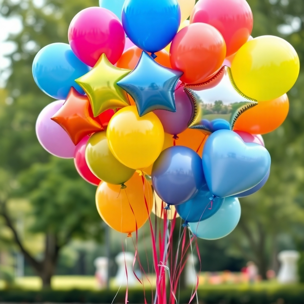 A photorealistic image of a large bouquet of brightly colored helium balloons floating gracefully in the air. The balloons are a mix of different shapes and sizes, including classic round balloons, star-shaped balloons, and heart-shaped balloons. The colors are vibrant and eye-catching, ranging from primary colors to pastels. The background is a blurred outdoor setting, possibly a park or garden, to create a sense of openness and celebration. The lighting is soft and diffused, highlighting the colors and textures of the balloons. The camera angle is slightly low, looking up at the balloons to emphasize their height and buoyancy. The composition is balanced and visually appealing, with the balloons arranged in a natural and organic way. The overall style is cheerful and festive, evoking a sense of joy and excitement. Add details like ribbons or streamers attached to the balloons to enhance the visual appeal.
