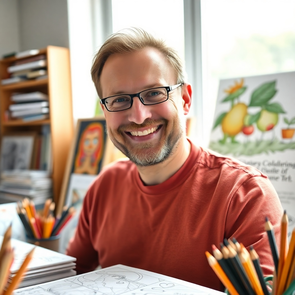A photorealistic portrait of Michiel Petersen in his late 30s, smiling warmly in his studio. He is surrounded by coloring books, pencils, and finished art pieces. The lighting is soft and natural, coming from a large window. The background is slightly blurred to keep the focus on Michiel. He exudes approachability and artistic passion. The camera angle is a medium close-up, capturing his genuine expression. Hyperrealistic detail, 8K resolution.