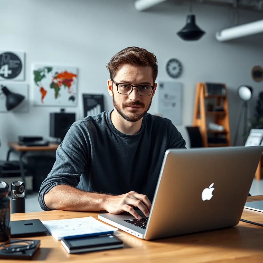 A portrait photo of a renowned web designer working on a laptop in a well-lit studio. The designer should be looking directly at the camera with a confident expression. The background should be a clean and minimal studio space with various design elements scattered around.