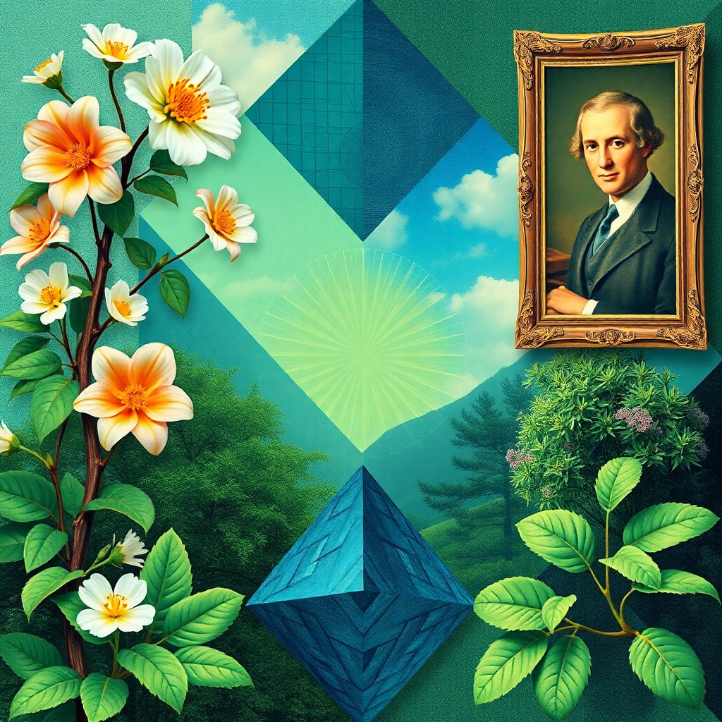 A stylized image combining natural elements (flowers, trees) with classic art motifs (geometric patterns, famous paintings). The image should blend seamlessly, creating a harmonious and inspiring visual representation of artistic inspiration. The colors should be vibrant and uplifting, with a focus on natural greens and blues. 8K resolution, highly detailed.