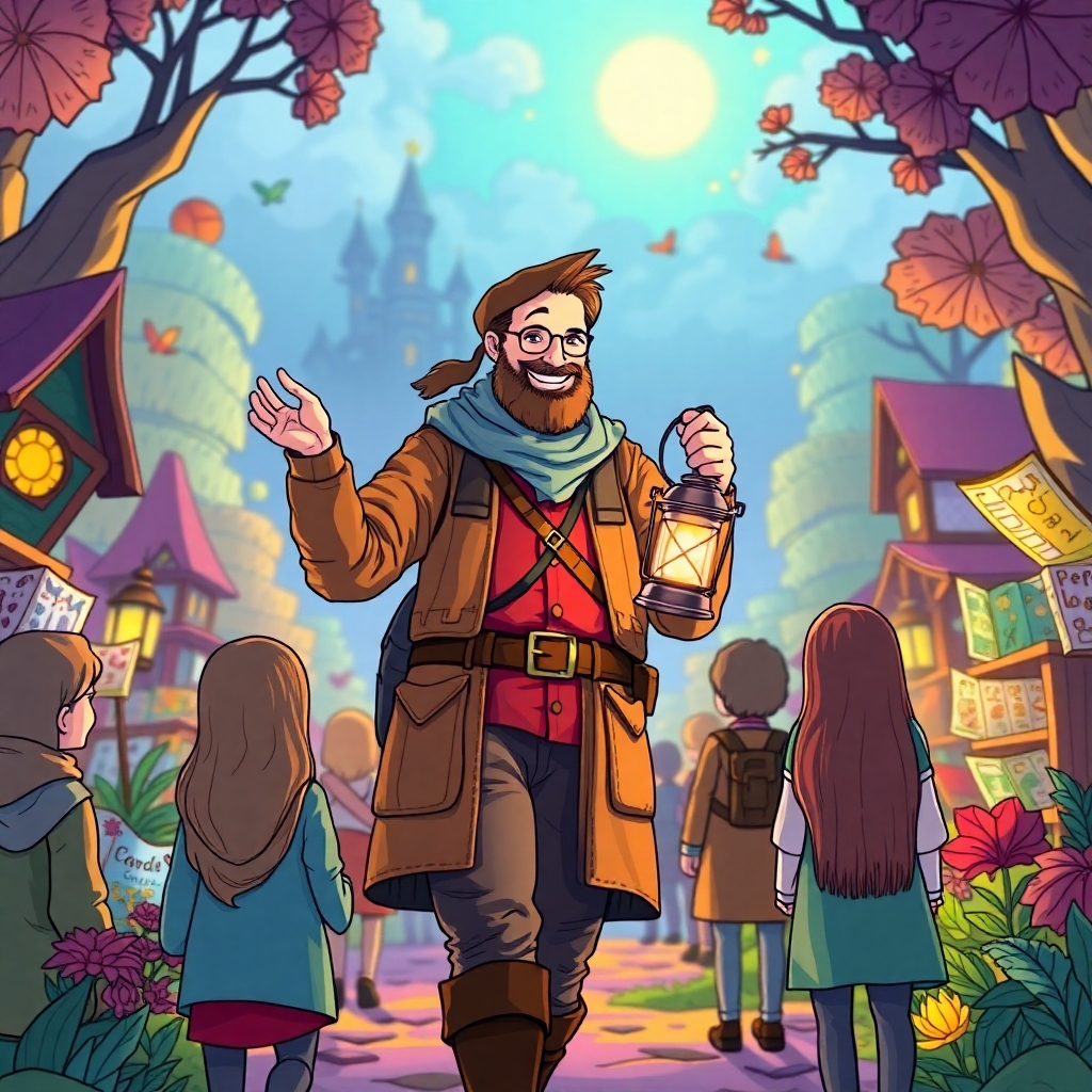A stylized image depicting Michiel Petersen as a knowledgeable guide, leading people through a colorful world of coloring books. He is holding a lantern, illuminating the path ahead. The image should convey a sense of trust and expertise. The colors should be warm and inviting. 8K resolution, digital illustration.
