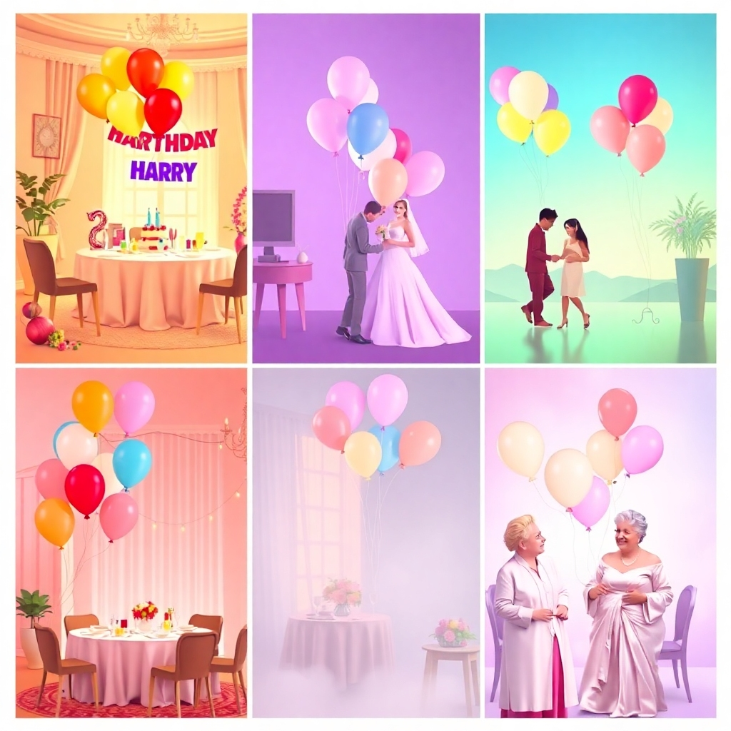 A stylized image depicting various celebratory scenes, each featuring helium balloons in a unique way. The image is divided into separate sections, each representing a different type of event: a birthday party, a wedding, and an anniversary celebration. In each scene, helium balloons are used as decorations, adding a touch of festivity and elegance. The color palettes vary depending on the event, with bright and playful colors for the birthday party, soft and romantic colors for the wedding, and classic and sophisticated colors for the anniversary celebration. The style is whimsical and imaginative, with a focus on creating a sense of joy and wonder. Use soft lighting and dreamy backgrounds to enhance the overall atmosphere. The composition is balanced and visually appealing, with each scene seamlessly blending into the next. The image should convey the versatility of helium balloons and their ability to enhance any type of celebration.