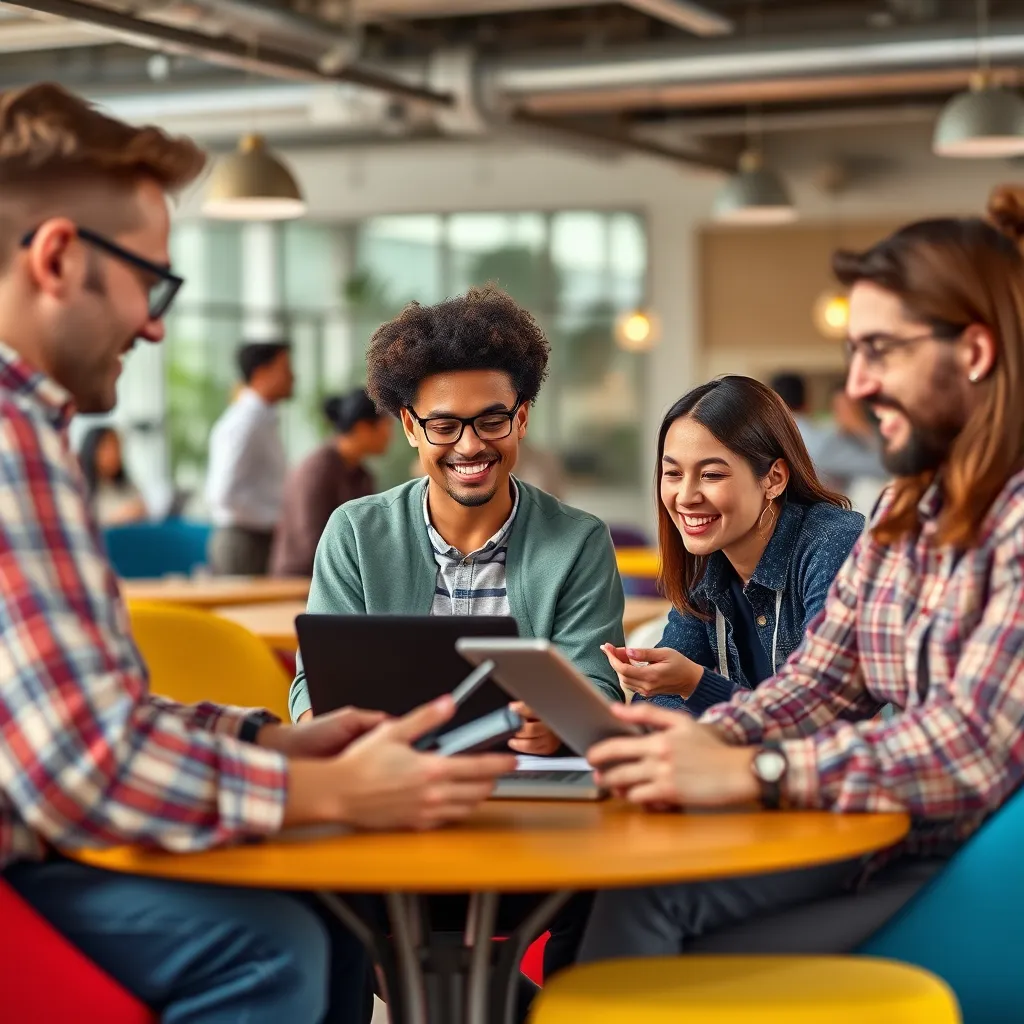 A team of designers and developers working collaboratively on a project, using Slack and Trello to communicate and manage tasks. The image should depict a lively and energetic environment with people interacting and sharing ideas. The background could be a modern co-working space with colorful furniture and natural light.