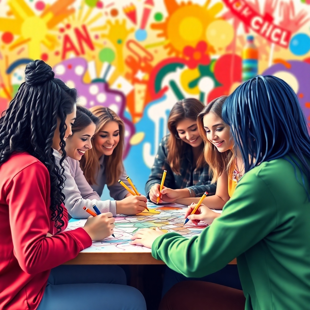 A vibrant and dynamic image depicting a group of people coloring together, sharing ideas and inspiration. The scene should convey a sense of community and collaboration. The colors should be diverse and expressive, reflecting the creativity of the group. 8K resolution, photorealistic rendering.