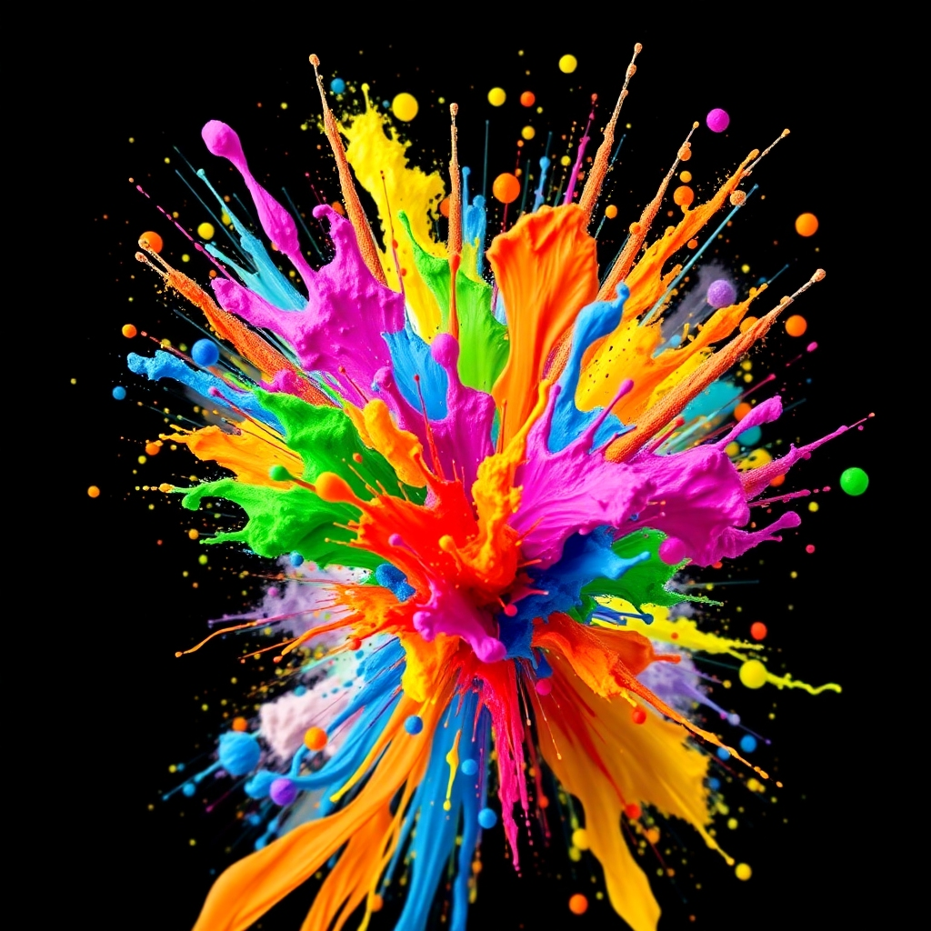 A vibrant and dynamic image representing the unleashing of creativity. Splashes of color explode from a coloring book, forming abstract shapes and patterns. The image should convey a sense of energy and excitement. The colors should be bold and contrasting, creating a visually striking effect. 8K resolution, digital art.