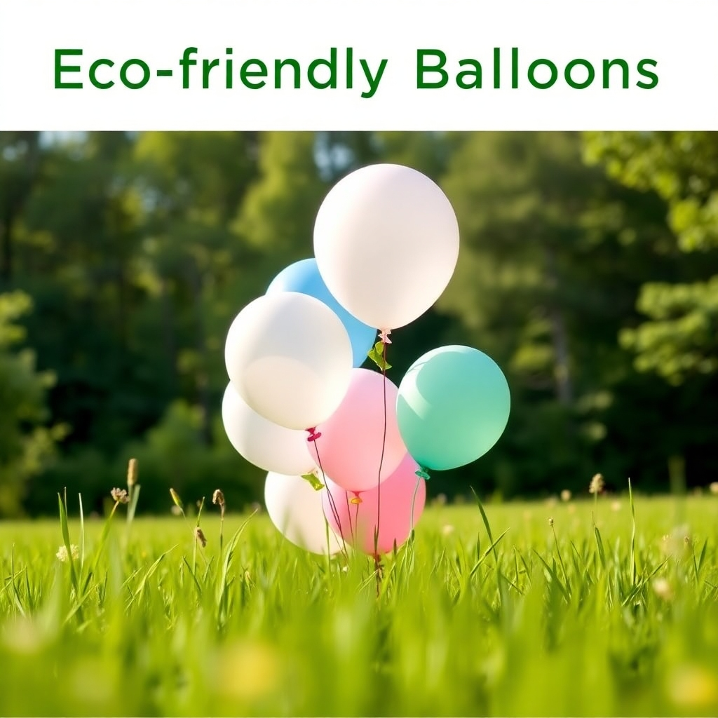 A visually compelling image showcasing eco-friendly helium balloons made from sustainable materials. The balloons are depicted in a natural setting, such as a green field or a forest, to emphasize their eco-friendliness. The balloons are of various colors and shapes, and they are decorated with natural elements like leaves or flowers. The lighting is soft and natural, creating a warm and inviting atmosphere. The camera angle is slightly low, looking up at the balloons to emphasize their buoyancy and natural beauty. The style is clean and modern, emphasizing the sustainability and eco-friendliness of the products. Add subtle details like biodegradable ribbons or recycled packaging to enhance the message. The overall image should convey the idea of responsible celebration and environmental consciousness.