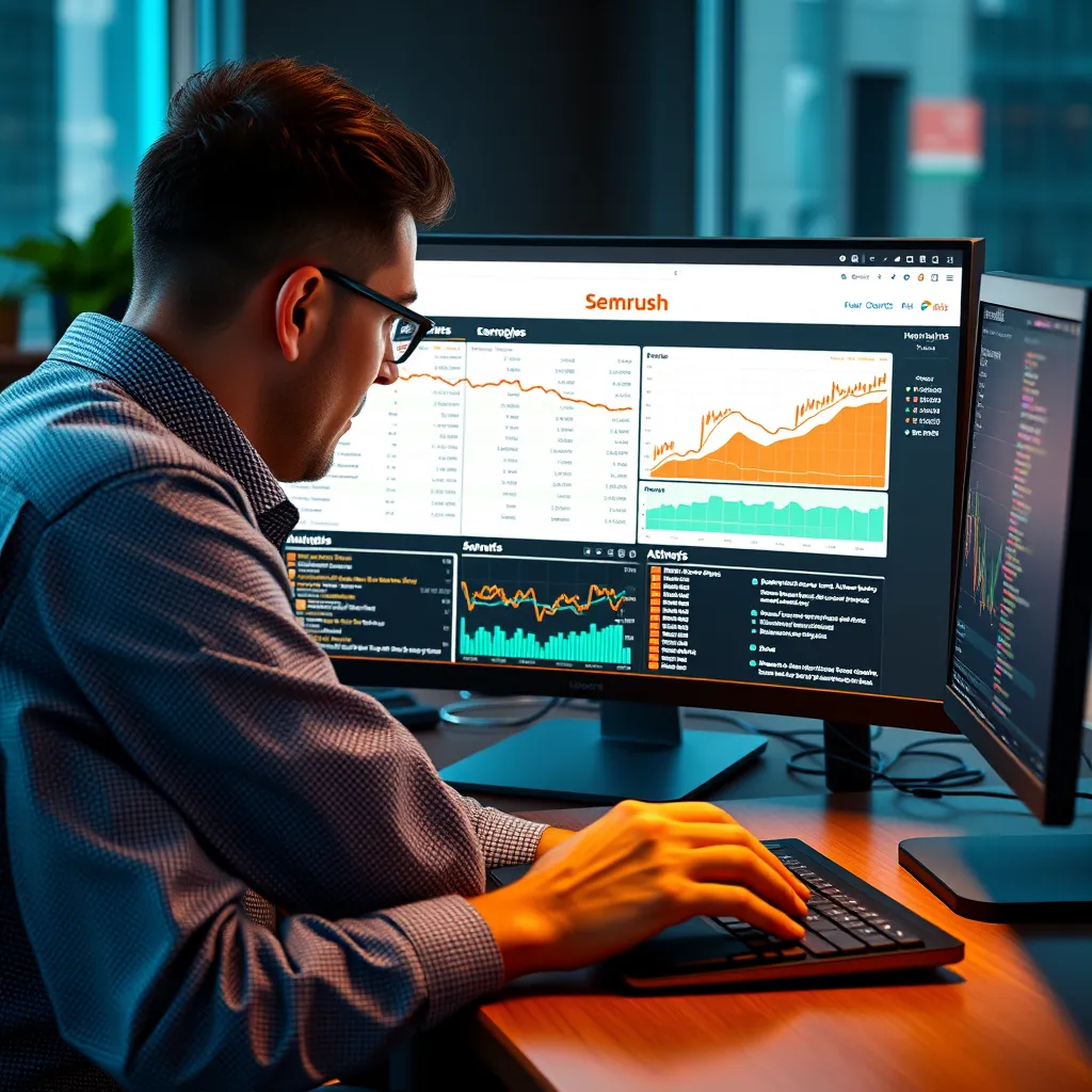 A web designer analyzing data on a computer screen, using Semrush or Ahrefs to identify relevant keywords and optimize website content for SEO. The image should focus on the data visualization and the user interface of the tool, highlighting the role of SEO in web design.