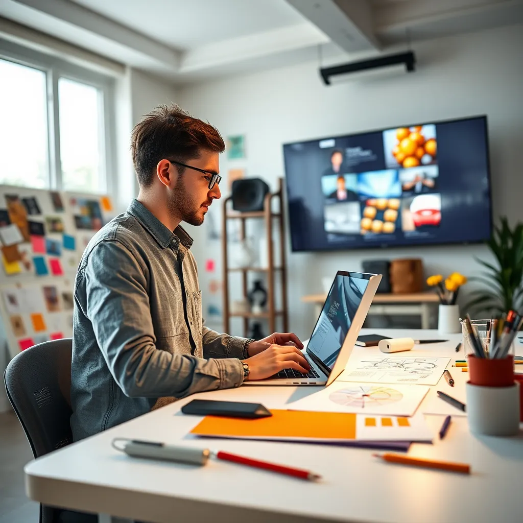 A web designer working on a laptop, surrounded by colorful mood boards and sketches, with a large screen displaying a beautiful website design in the background. The room is bright and filled with natural light, creating a creative and inspiring atmosphere.