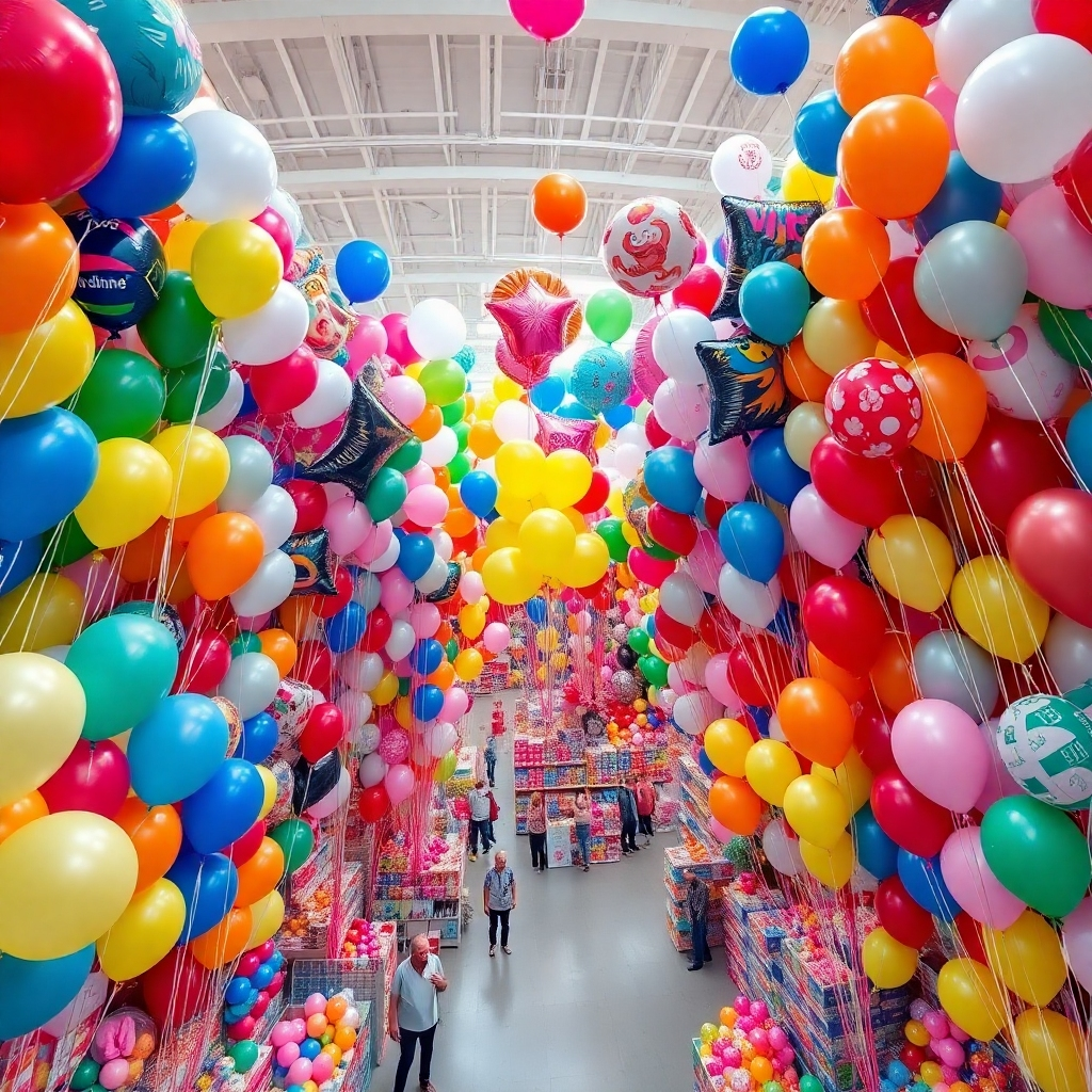 A wide-angle, photorealistic image showcasing a vast assortment of helium balloons in a large store or event space. The balloons are of various shapes, sizes, colors, and designs, filling the space with a vibrant and festive atmosphere. The composition is carefully arranged to showcase the diversity of the selection, with balloons organized by color, theme, or occasion. The lighting is bright and even, highlighting the colors and details of the balloons. The camera angle is slightly elevated, providing a panoramic view of the entire scene. The style is clean and modern, emphasizing the abundance and variety of the products. Add subtle details like customers browsing the selection to create a sense of activity and engagement. The overall image should convey the idea of a wide selection and endless possibilities for creating the perfect party atmosphere.