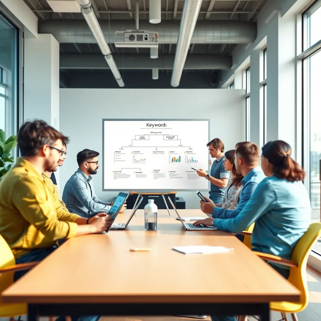 A wide shot of a team of web designers and SEO specialists collaborating in a bright, modern office space. The scene is dynamic, with the team engaged in discussions and working on laptops and tablets. The focus is on a whiteboard displaying a website structure with keywords and analytics data. The office is filled with natural light, creating a vibrant and energetic atmosphere. The color palette features a mix of bright and calming tones, with a focus on blue, green, and yellow. The image captures the collaborative nature of SEO optimization, emphasizing the teamwork and expertise involved in improving website ranking. The resolution is 8K, with hyperrealistic detail and a dynamic, energetic feel. The image is rendered in a photorealistic style, capturing the lively atmosphere and professionalism of the team.