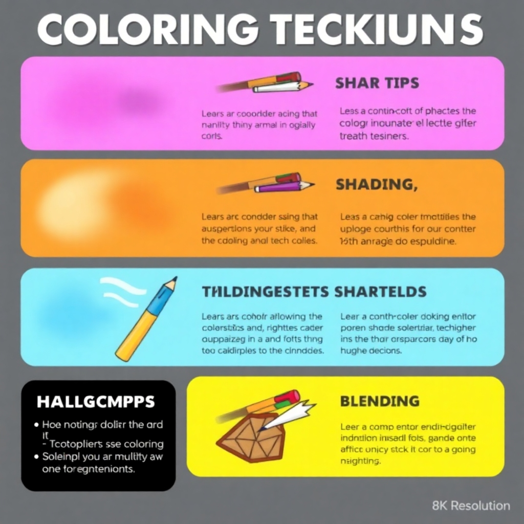An infographic-style image showcasing various coloring techniques, such as shading, blending, and highlighting. The image should be visually appealing and informative, providing practical tips for improving coloring skills. The colors should be bright and clear, making the information easy to understand. 8K resolution, digital art.