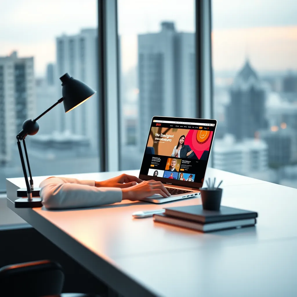 Create a photorealistic, 8K resolution image of a modern, minimalist workspace. The main subject is a  designer working on a sleek laptop, positioned on a white desk with a clean, contemporary design.  The laptop should display a beautiful website mockup, showcasing a vibrant color palette and engaging design elements. Soft, natural light streams in from a large window, illuminating the workspace with a warm, inviting glow. The background should be a blurred cityscape, emphasizing the feeling of professionalism and creativity.  The color palette should be a blend of cool blues and grays with pops of warm, vibrant accents, reflecting a modern and sophisticated aesthetic. The overall mood should be calm, focused, and inspiring, highlighting the professionalism and creativity of Michiel Petersen's web design services.  Style references: Minimalist office photography, website mockups, Scandinavian design. Render the image with hyperrealistic detail and sharp focus, capturing the intricate details of the workspace and emphasizing the quality of the web design work., ultra high resolution, photorealistic, 8K, hyperdetailed, cinematic lighting