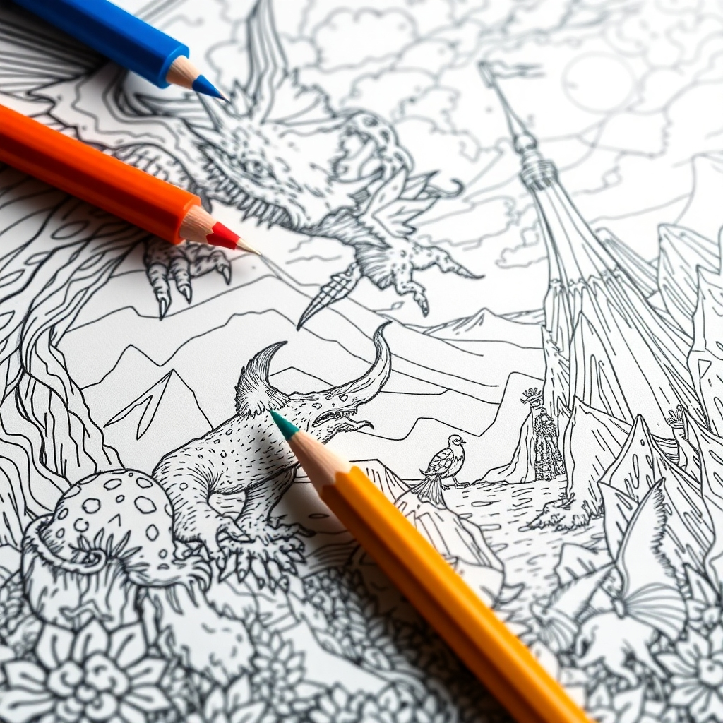 Create a photorealistic close-up of a detailed and intricate coloring book illustration featuring fantastical creatures and landscapes. The illustration should be partially colored, showcasing the potential for creativity. The lighting should highlight the fine details of the linework. Technical specs: 4K resolution.