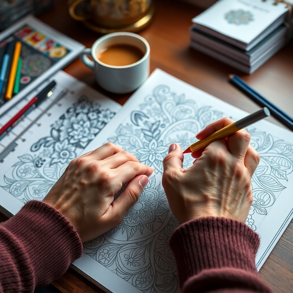 Create a photorealistic close-up image of an adult's hands coloring in a detailed and intricate coloring book page. The coloring book should be open on a desk with a cup of coffee and other relaxing items. The lighting should be warm and inviting. Technical specs: 4K resolution.