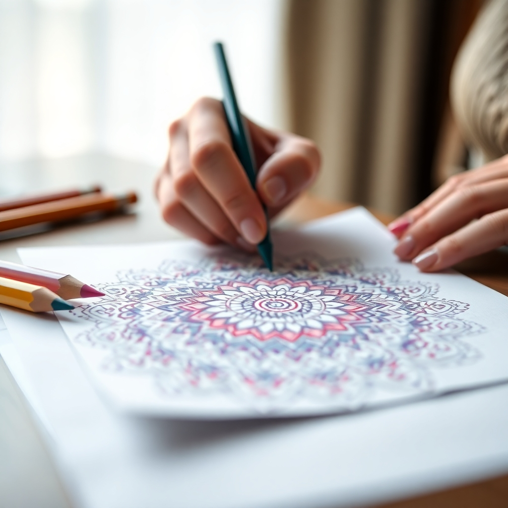 Create a photorealistic close-up image of a person's hand gently coloring in a detailed mandala pattern with colored pencils. The background is softly blurred, suggesting a peaceful and relaxing environment. Focus on the textures of the paper and pencils, and the vibrant colors being applied. The overall mood should be serene and calming. Technical specs: 4K resolution.
