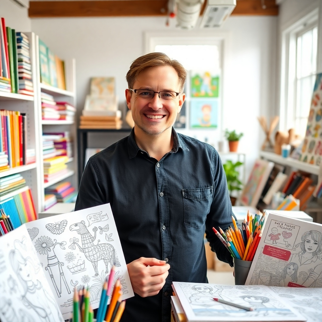 Create a photorealistic image showing Michiel Petersen in his studio, surrounded by coloring books, pencils, and artwork. He is smiling warmly, engaging directly with the viewer. The studio is bright and airy, filled with natural light. Shelves are overflowing with colorful books and art supplies. Capture the feeling of creativity and passion. Include close-ups of detailed illustrations from his coloring books. The style should be inviting and authentic. Technical specs: 4K resolution, high quality.
