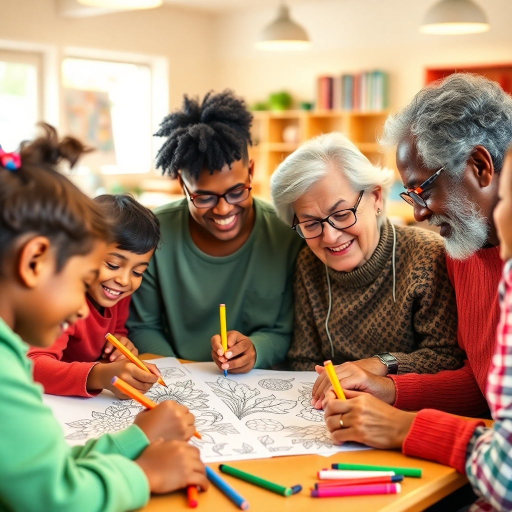 Create a photorealistic image depicting a diverse group of people (children, adults, seniors) happily coloring in the same coloring book, each adding their unique style. The setting is a bright, cheerful community center. The image should convey a sense of collaboration and shared joy. Focus on the expressions of creativity and relaxation. Technical specs: 4K resolution.