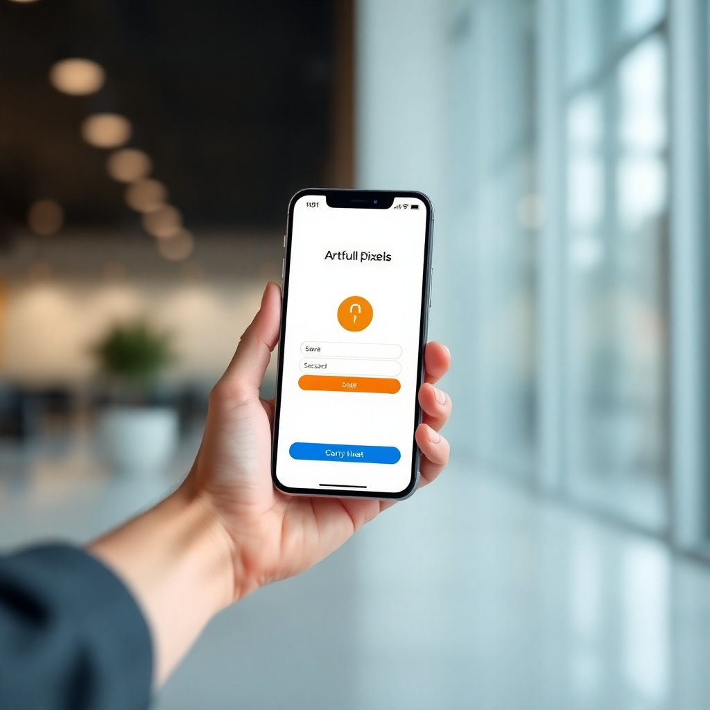 Create a photorealistic image of a smartphone displaying a secure payment gateway with the Artfull Pixels logo. The background should be softly blurred, suggesting a seamless online transaction. The overall feeling should be one of trust and security. Technical specs: 4K resolution.