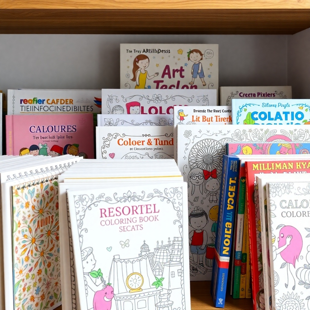 Create a photorealistic image showcasing a variety of Artfull Pixels coloring books neatly arranged on a shelf. The covers should be visible and visually appealing. The lighting should highlight the colors and details of the books. Technical specs: 4K resolution.